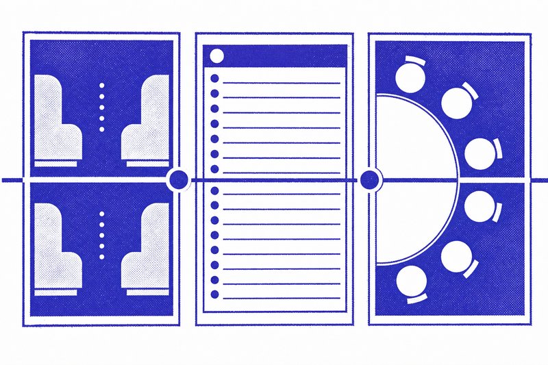 Drei Prüfungsstationen als drei Panels, verbunden durch eine durchgehende Linie.