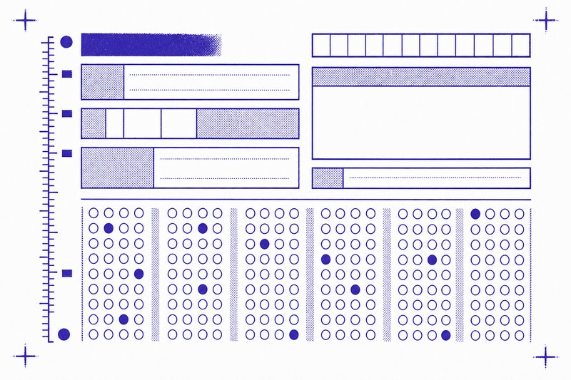 An examination answer sheet: registration crosses at the corners, a timing track down the edge, boxed reference fields and a field of answer bubbles.