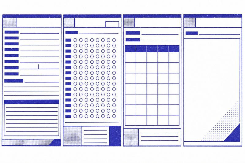 Four blank form sheets laid side by side, each with a different field structure.