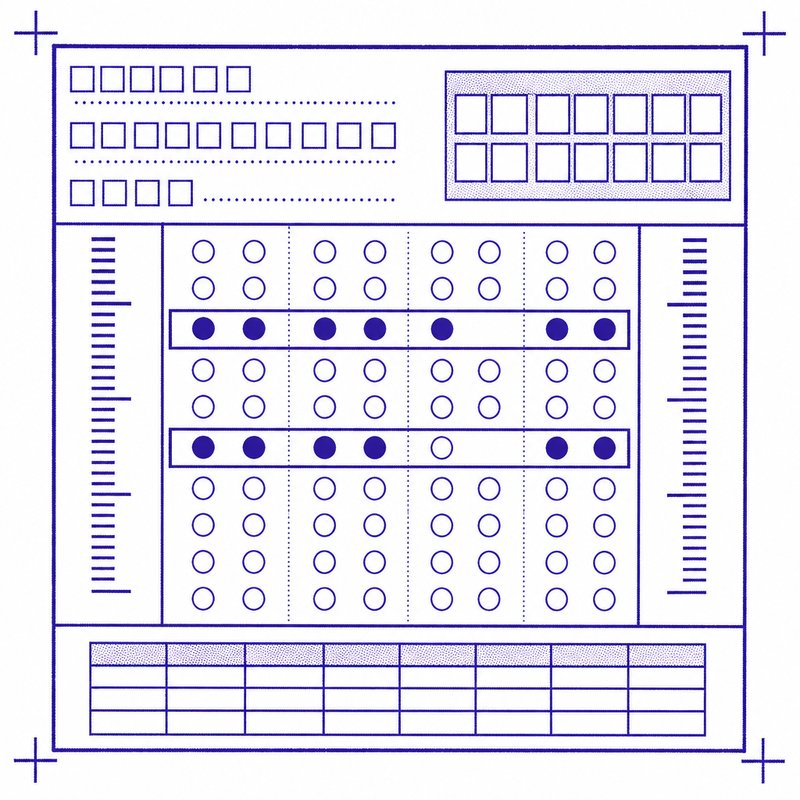 A four-column matrix of bubbles with two rows picked out, one filled throughout and one filled except in a single column.