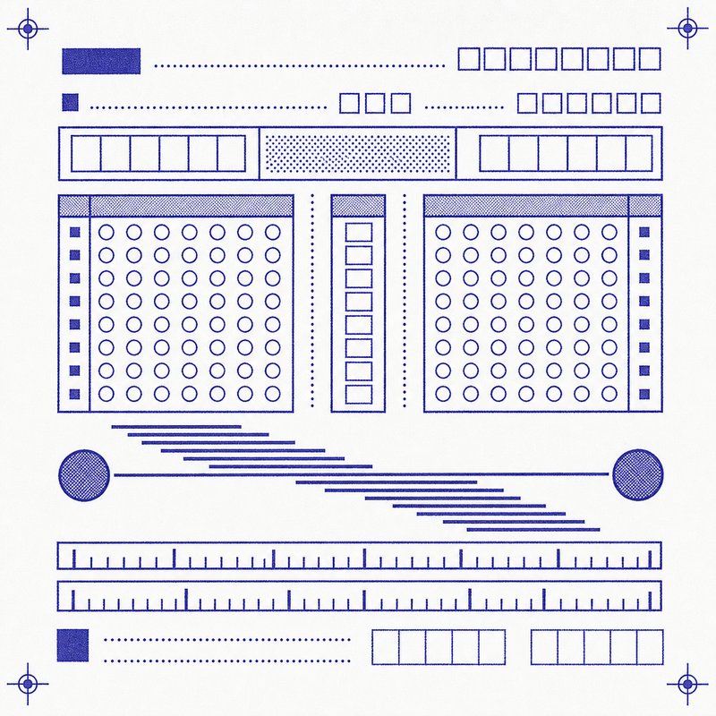 Two seat markers facing each other across a table rule, joined by short alternating rules that step from one side to the other.